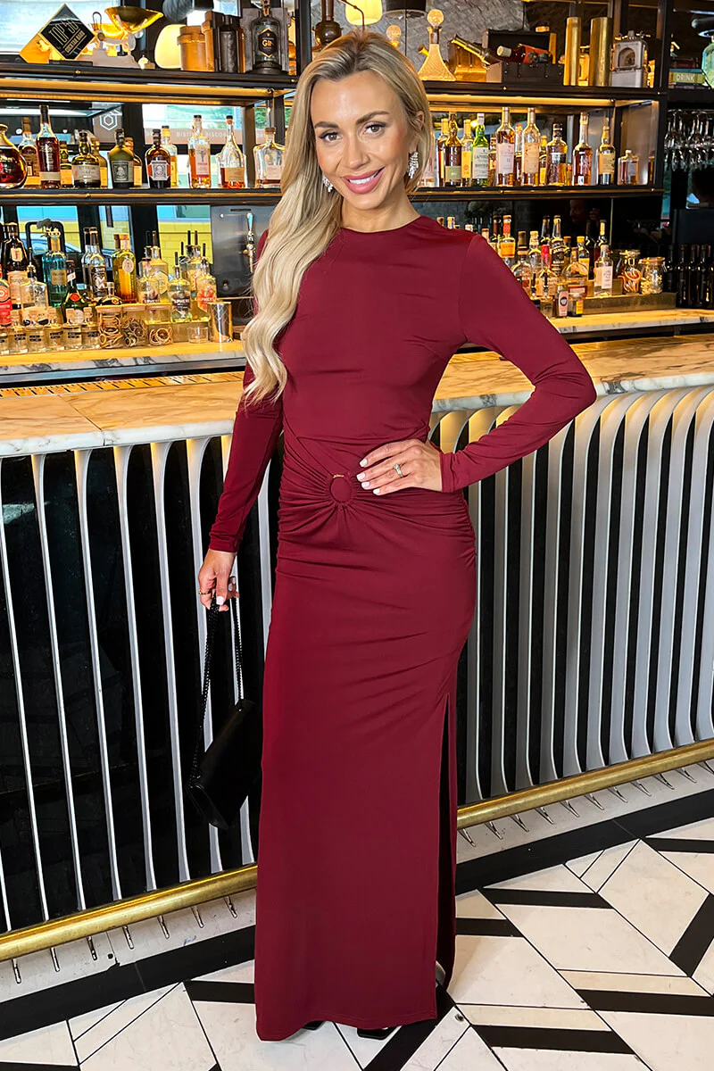 Burgundy Long Sleeve O-Ring Detail Bodycon Midi Dress - Image 3