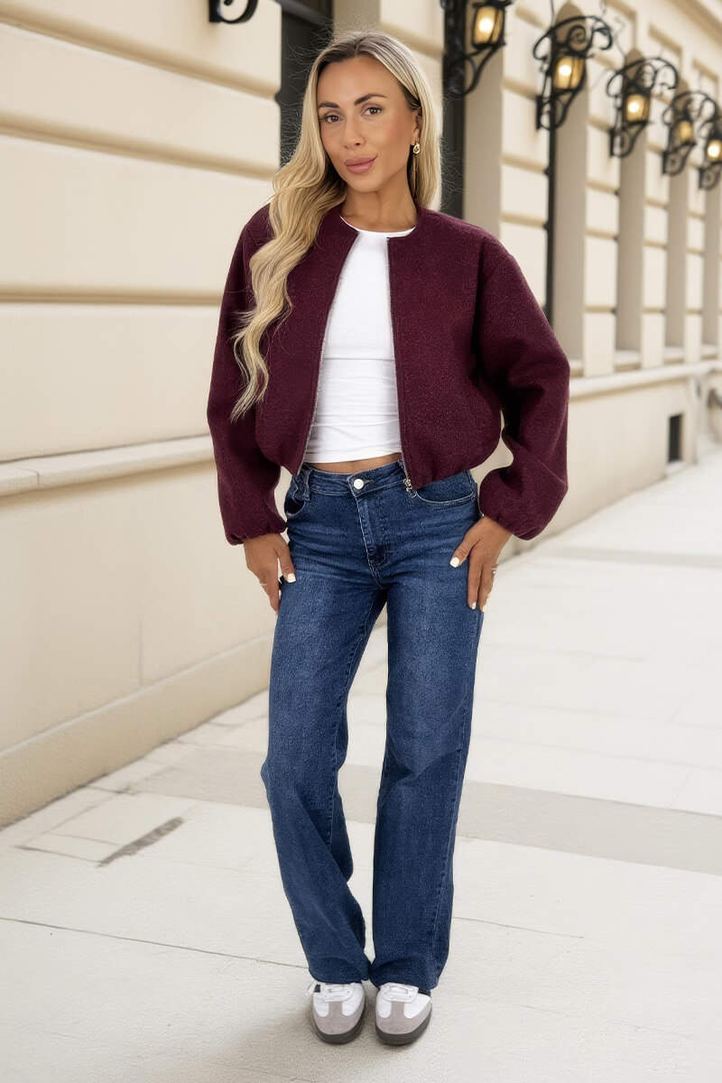 Burgundy Marl Bubble Hem Zip Up Bomber Jacket - Image 2