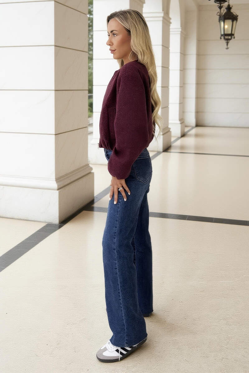 Burgundy Marl Bubble Hem Zip Up Bomber Jacket - Image 4