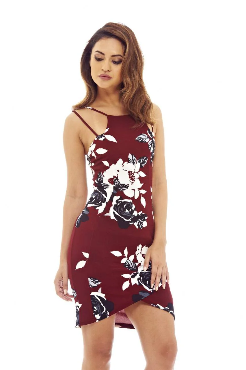 Burgundy Mini Dress with Floral Printed Detail - Image 3