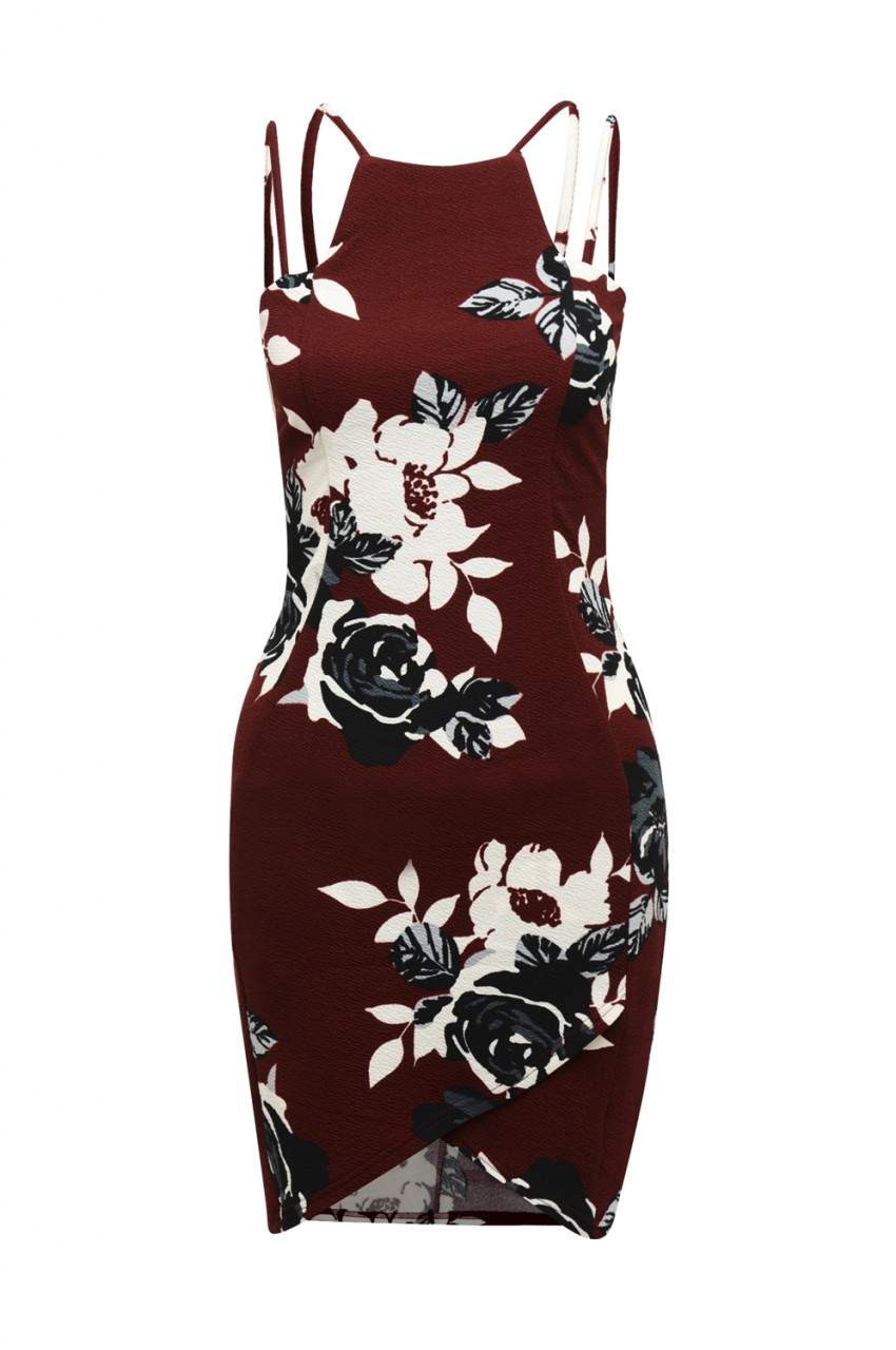 Burgundy Mini Dress with Floral Printed Detail - Image 5