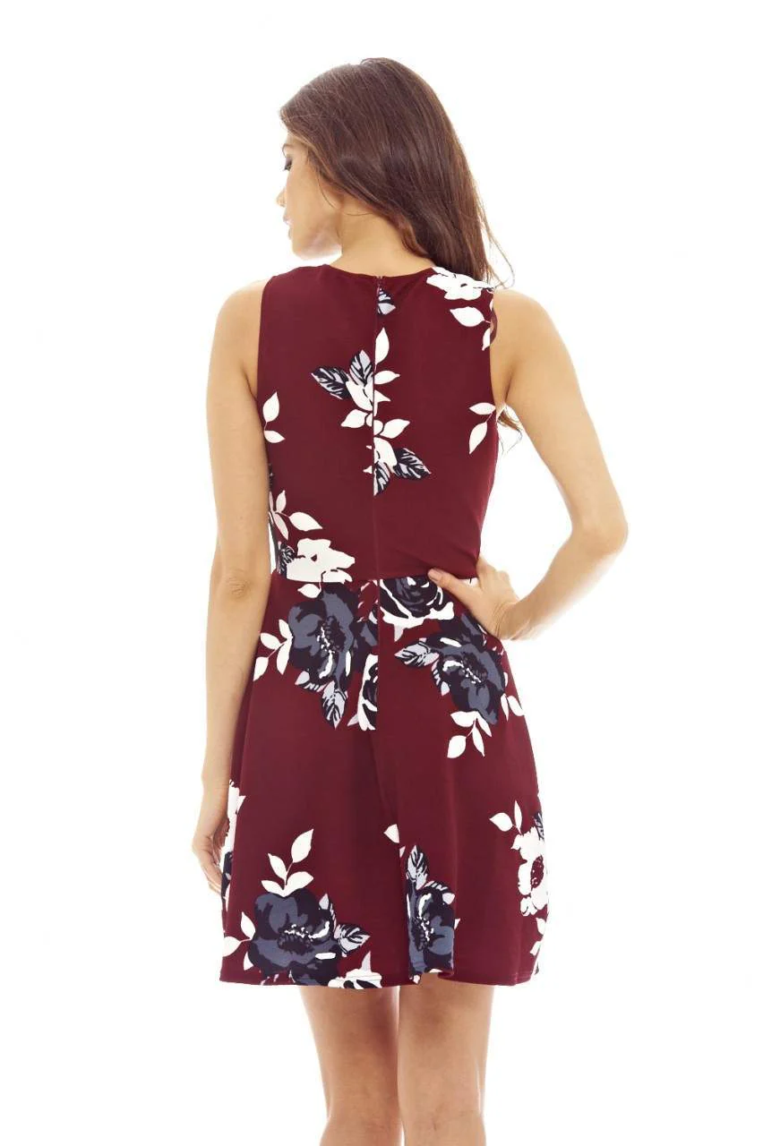 Burgundy Mini Skater Floral Dress with Sleeveless Detail - Image 4