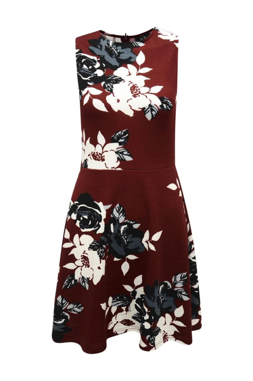 Burgundy Mini Skater Floral Dress with Sleeveless Detail - Image 5