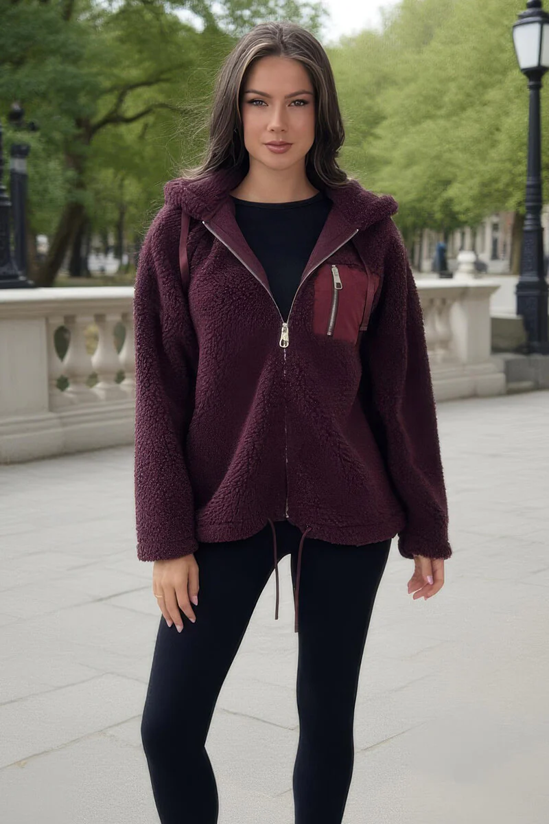 Burgundy Pocket Detail Hooded Teddy Jacket - Image 3