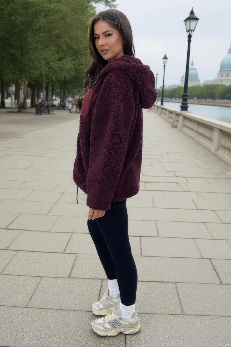 Burgundy Pocket Detail Hooded Teddy Jacket - Image 4