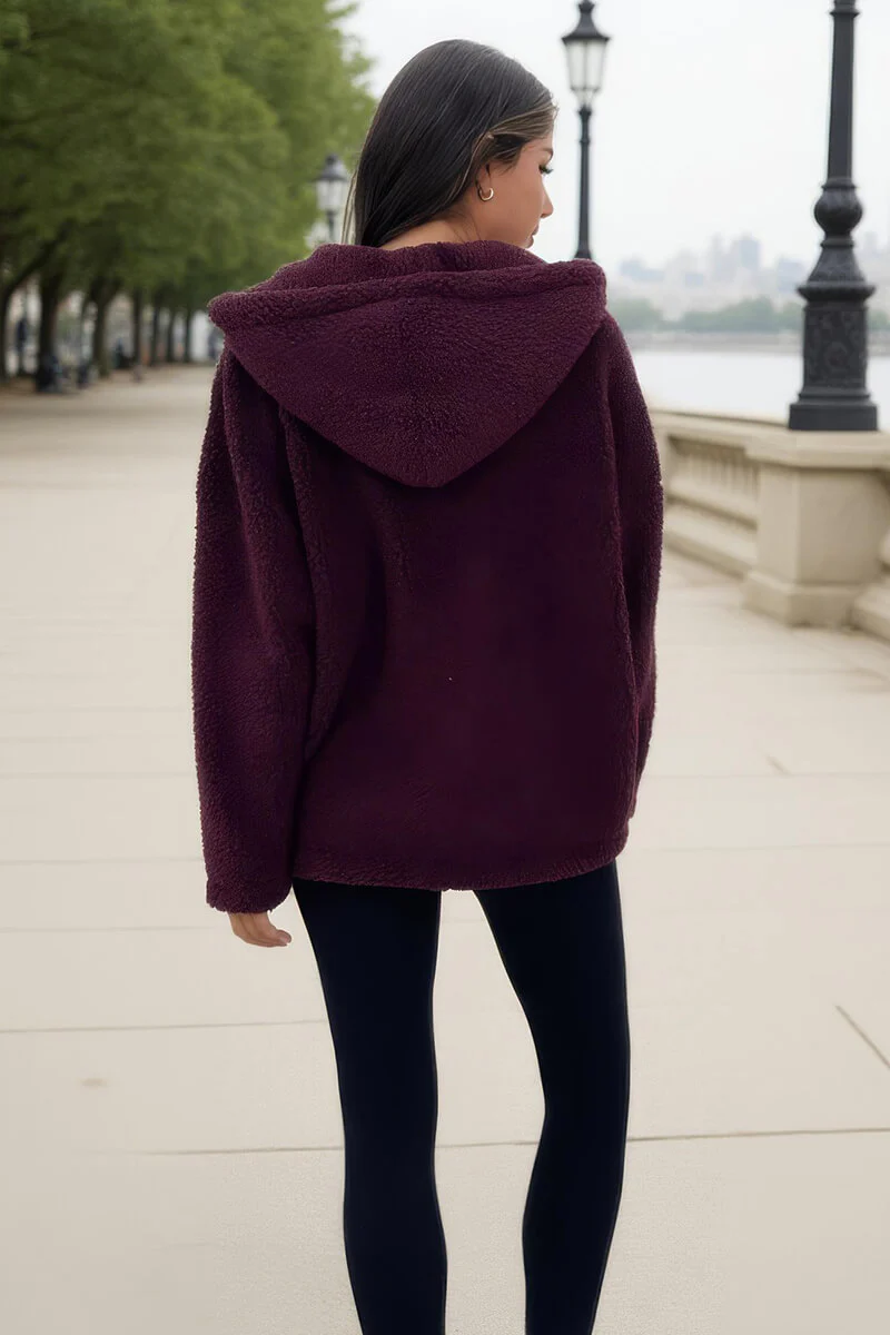 Burgundy Pocket Detail Hooded Teddy Jacket - Image 5