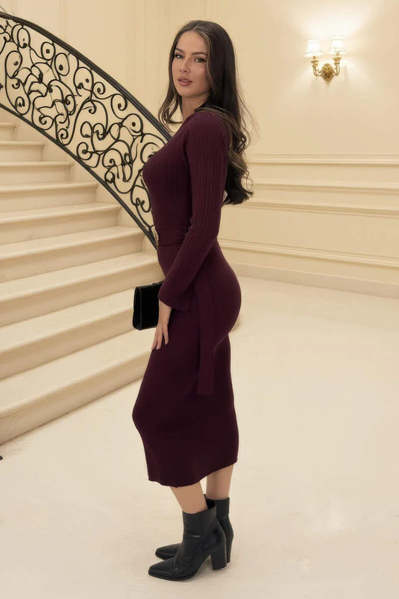 Burgundy Rib Knit Gold Buckle Detail Midi Dress - Image 4