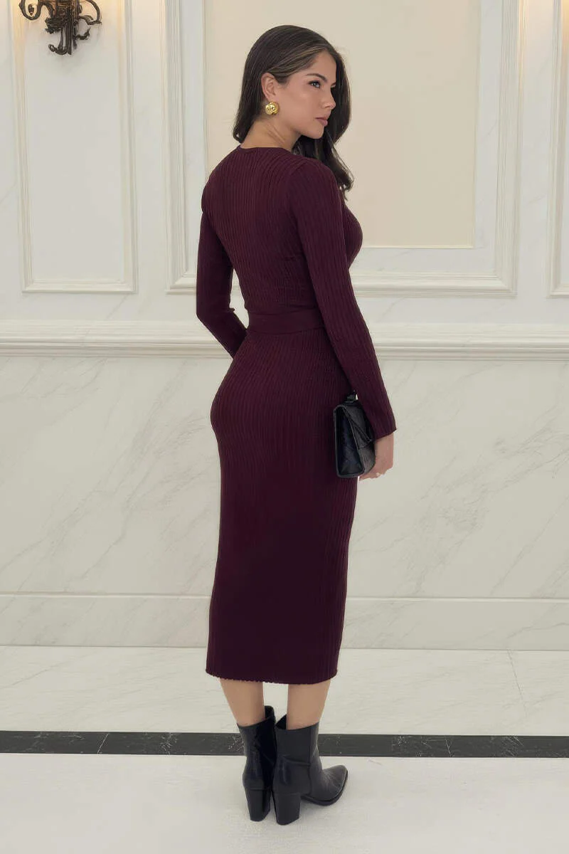 Burgundy Rib Knit Gold Buckle Detail Midi Dress - Image 5
