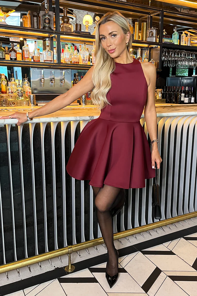 Burgundy Scuba Sleeveless Skater Mini Dress - Image 3