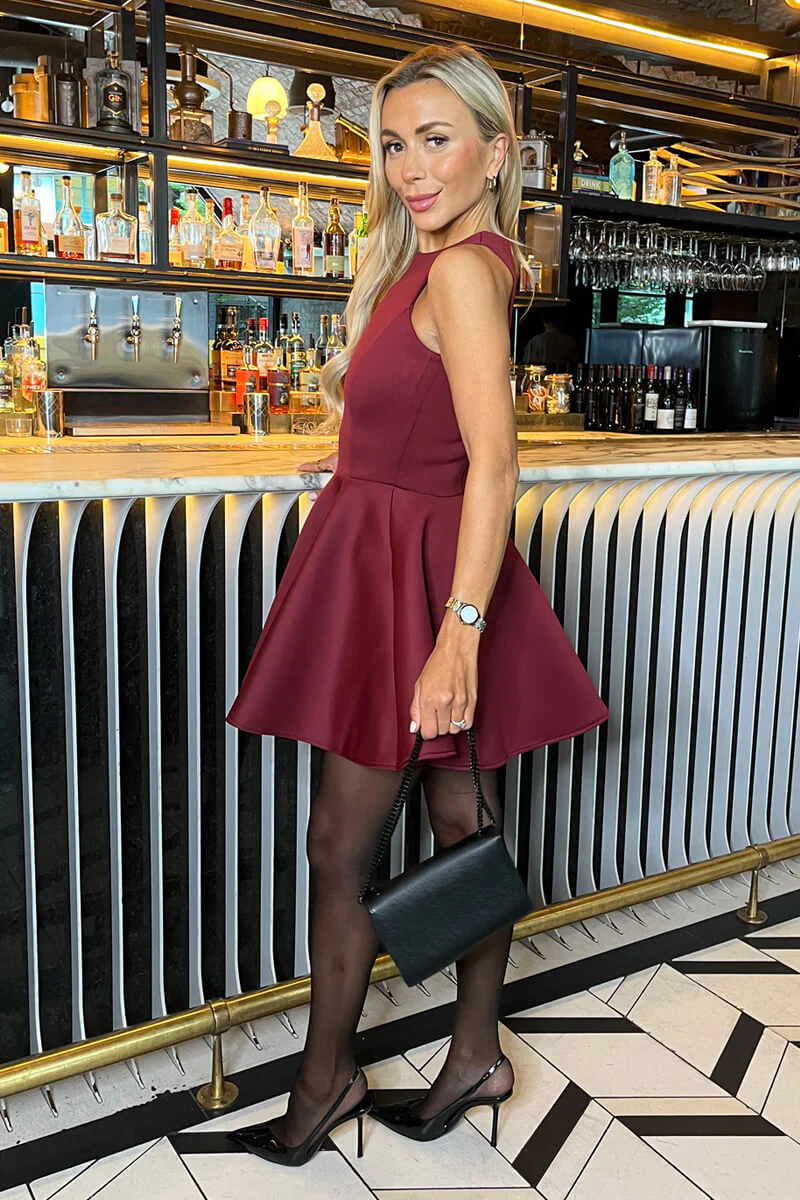 Burgundy Scuba Sleeveless Skater Mini Dress - Image 4
