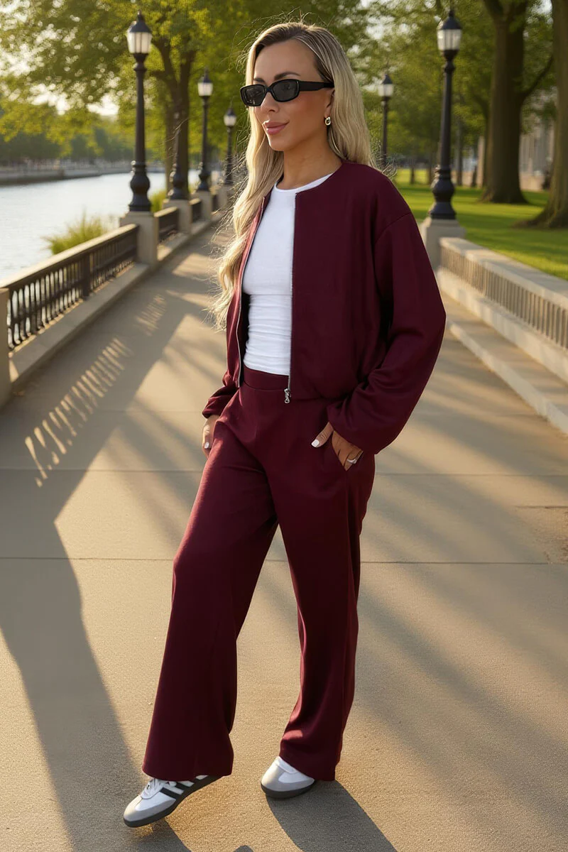 Burgundy Wide Leg Soft Trousers - Image 2