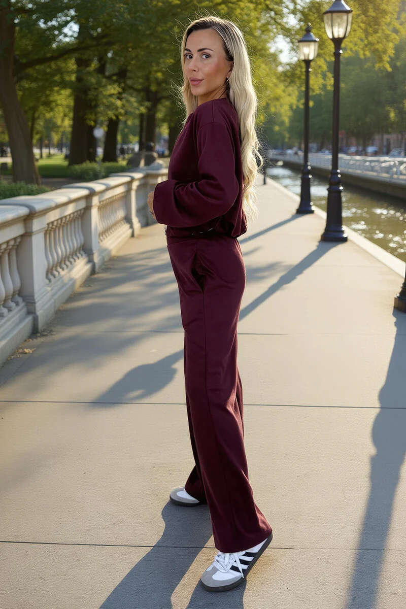 Burgundy Wide Leg Soft Trousers - Image 4
