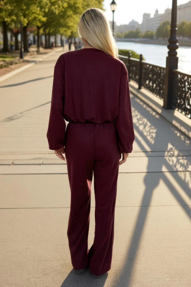 Burgundy Wide Leg Soft Trousers - Image 5