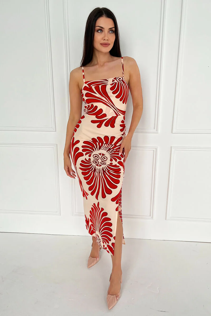 Burnt Orange Abstract Print Cowl Neck Ruched Side Strappy Midi Dress - Image 2
