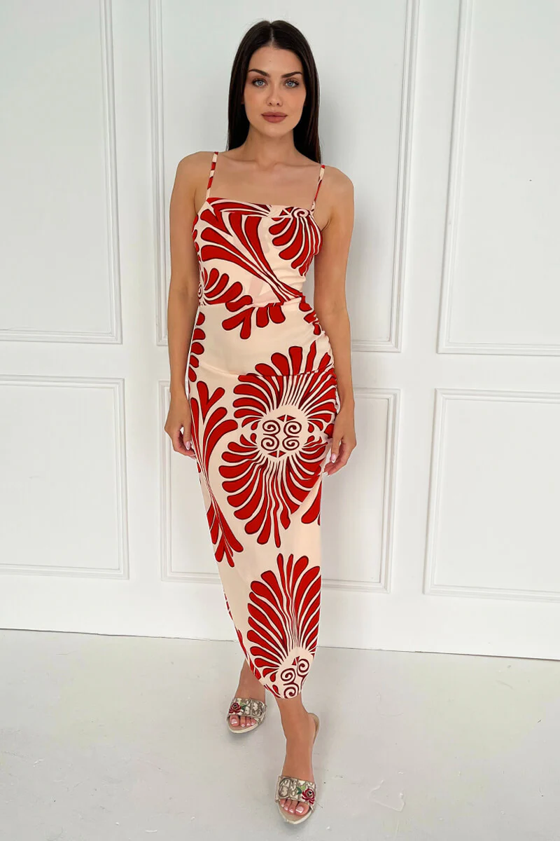 Burnt Orange Abstract Print Cowl Neck Ruched Side Strappy Midi Dress - Image 3