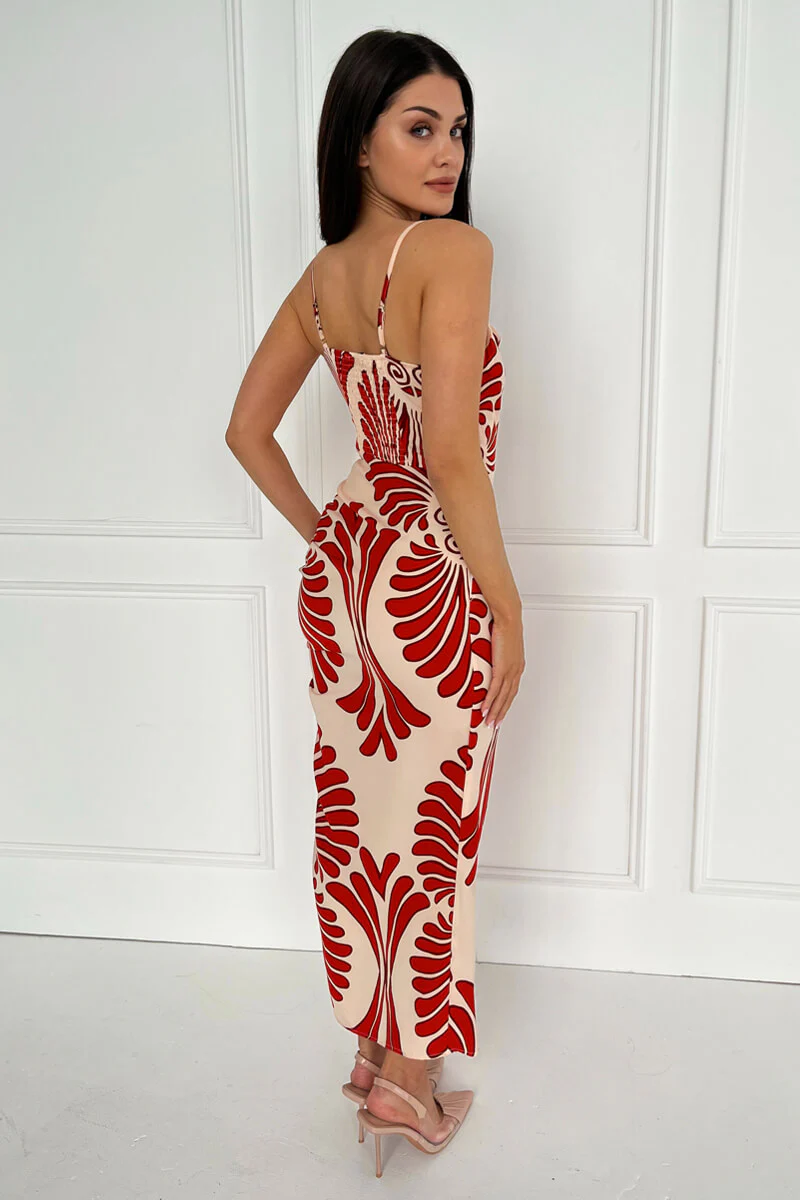 Burnt Orange Abstract Print Cowl Neck Ruched Side Strappy Midi Dress - Image 5