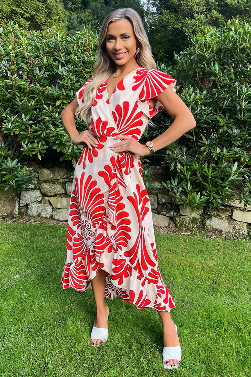 Burnt Orange Abstract Print Wrap Over High Low Frill Hem Midi Dress - Image 2