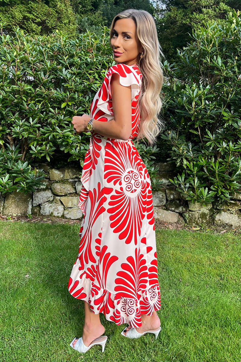 Burnt Orange Abstract Print Wrap Over High Low Frill Hem Midi Dress - Image 3
