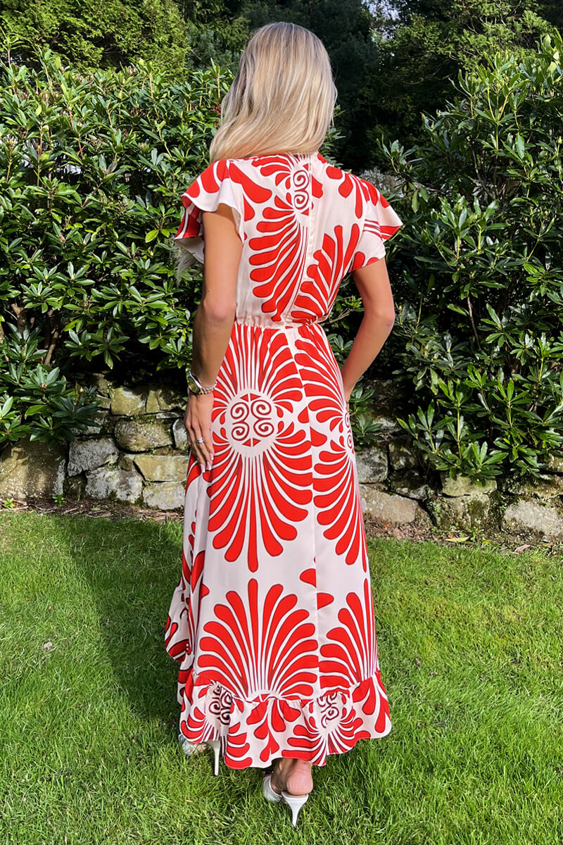 Burnt Orange Abstract Print Wrap Over High Low Frill Hem Midi Dress - Image 4