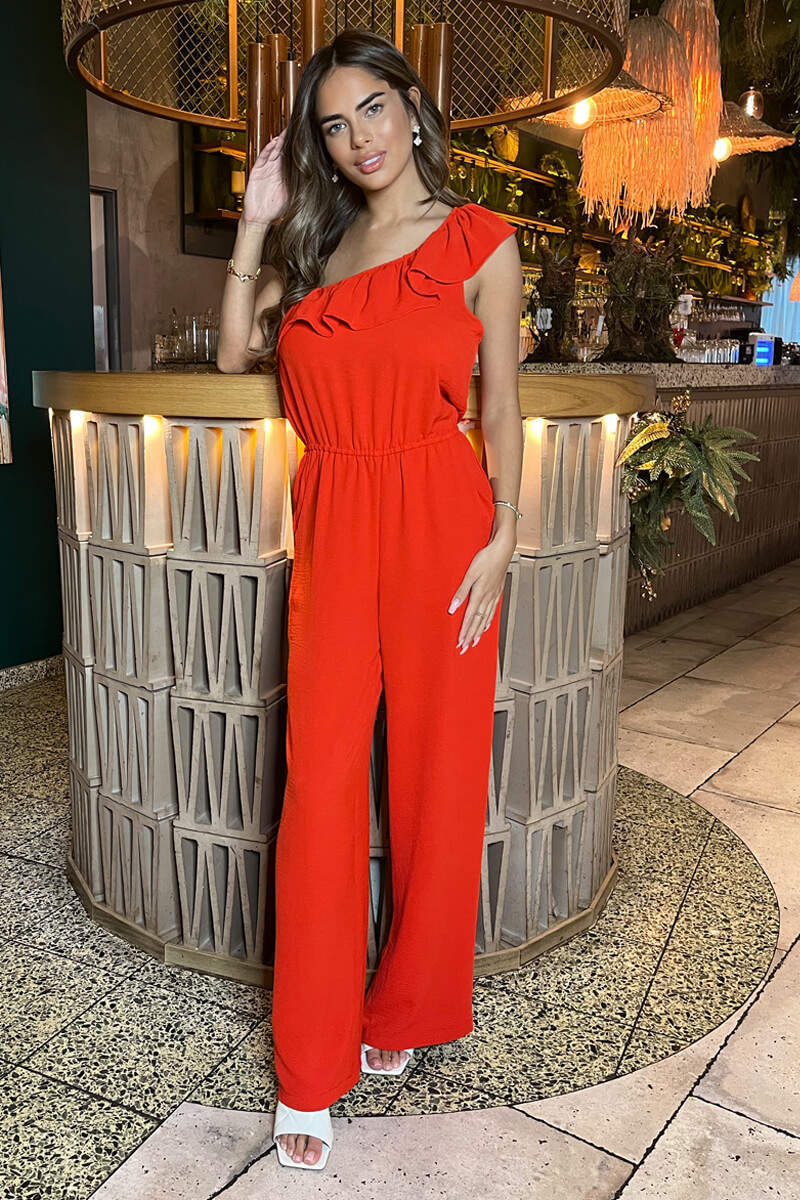 Burnt Orange Frill One Shoulder Jumpsuit - Image 2