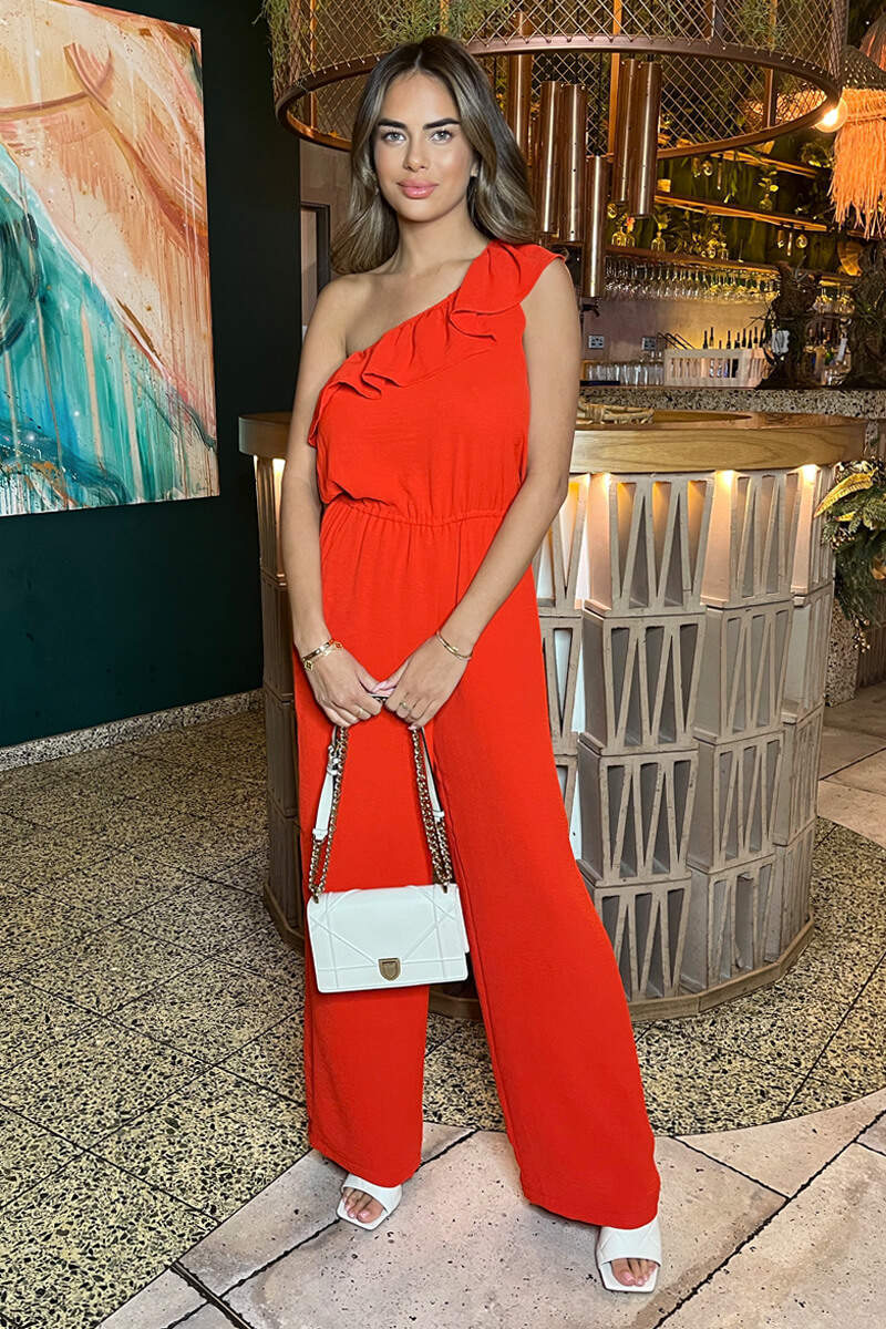 Burnt Orange Frill One Shoulder Jumpsuit - Image 4