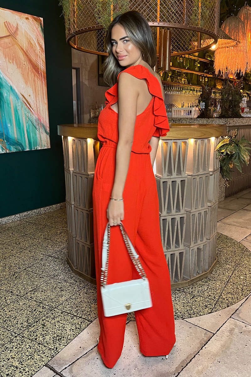 Burnt Orange Frill One Shoulder Jumpsuit - Image 5