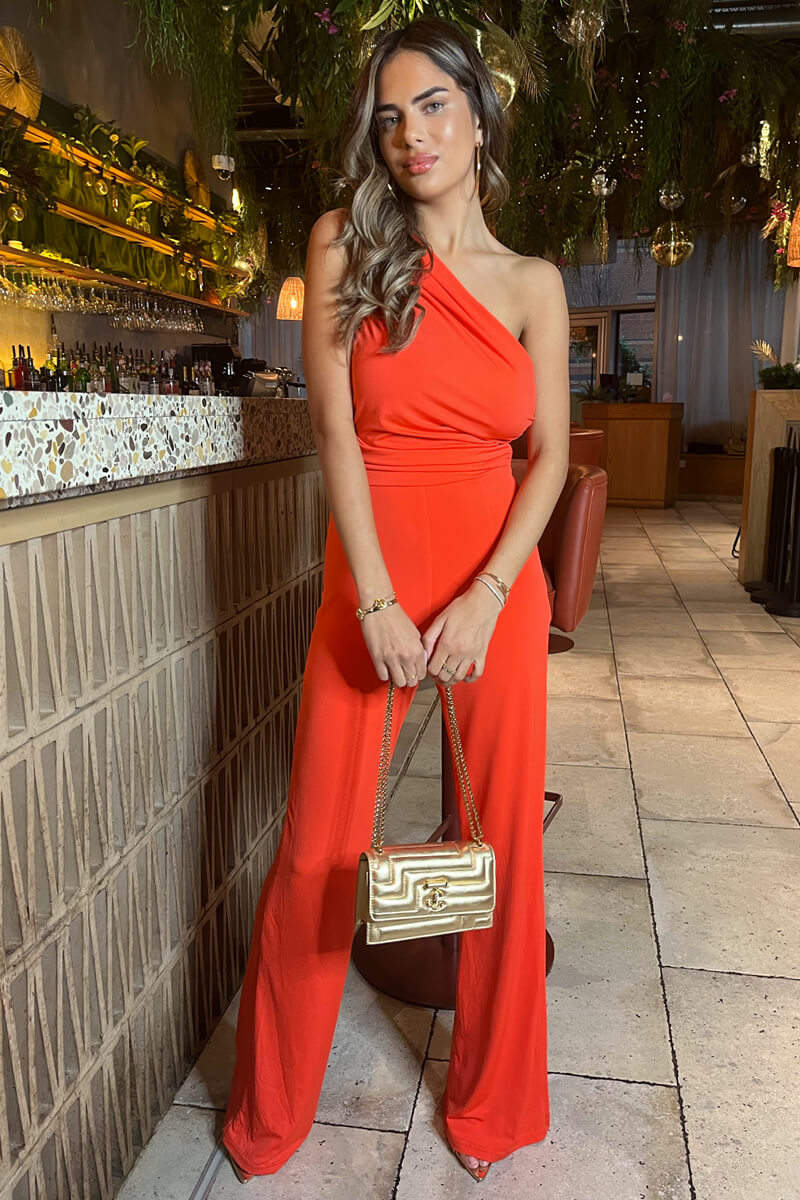 Burnt Orange One Shoulder Ruched Top Slinky Jumpsuit - Image 3