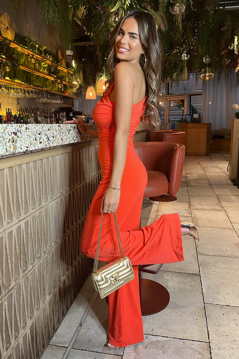 Burnt Orange One Shoulder Ruched Top Slinky Jumpsuit - Image 4