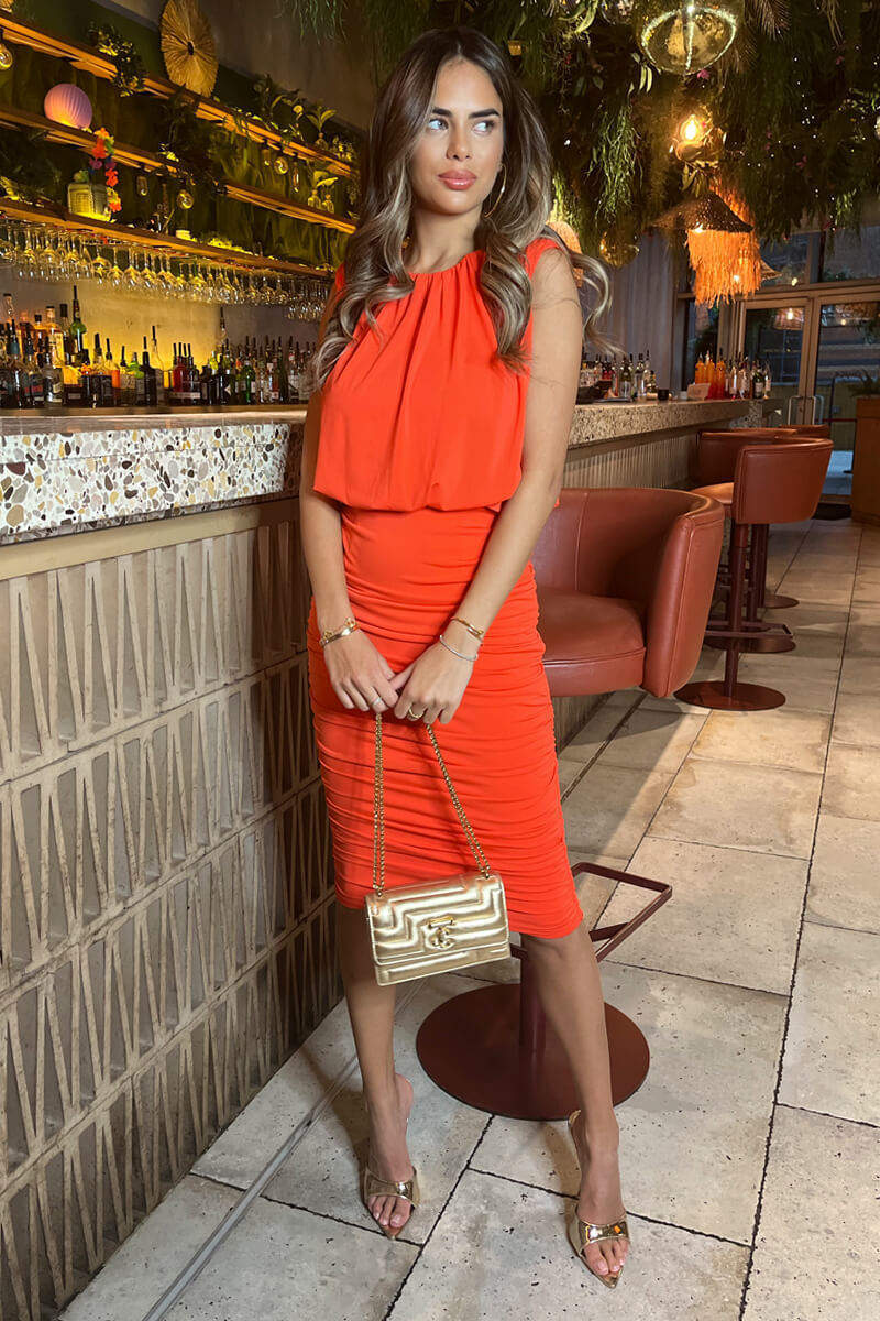 Burnt Orange Ruched Skirt Bodycon Midi Dress - Image 4
