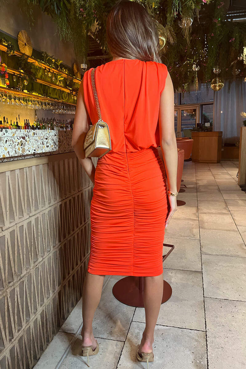 Burnt Orange Ruched Skirt Bodycon Midi Dress - Image 5
