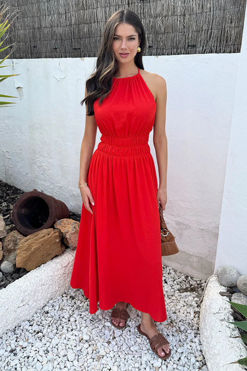 Burnt Orange Tie Racer Neck Shirred Waist Midi Dress
