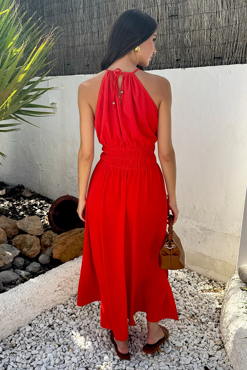 Burnt Orange Tie Racer Neck Shirred Waist Midi Dress - Image 5