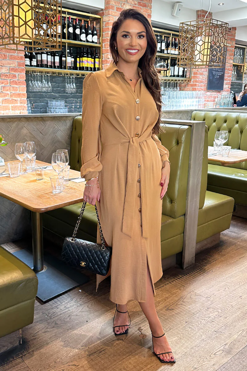 Camel Button Front Tie Shirt Midi Dress - Image 2