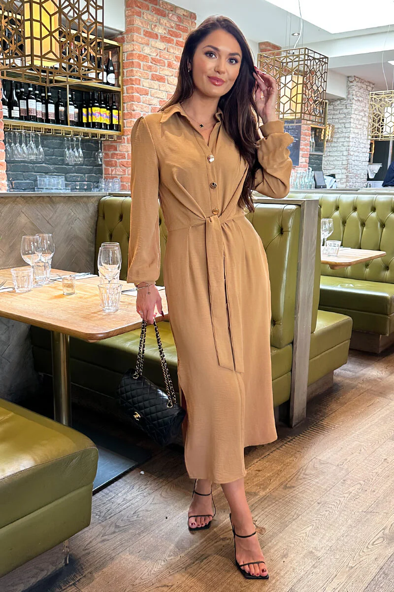 Camel Button Front Tie Shirt Midi Dress - Image 3