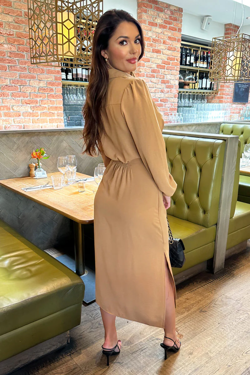 Camel Button Front Tie Shirt Midi Dress - Image 4