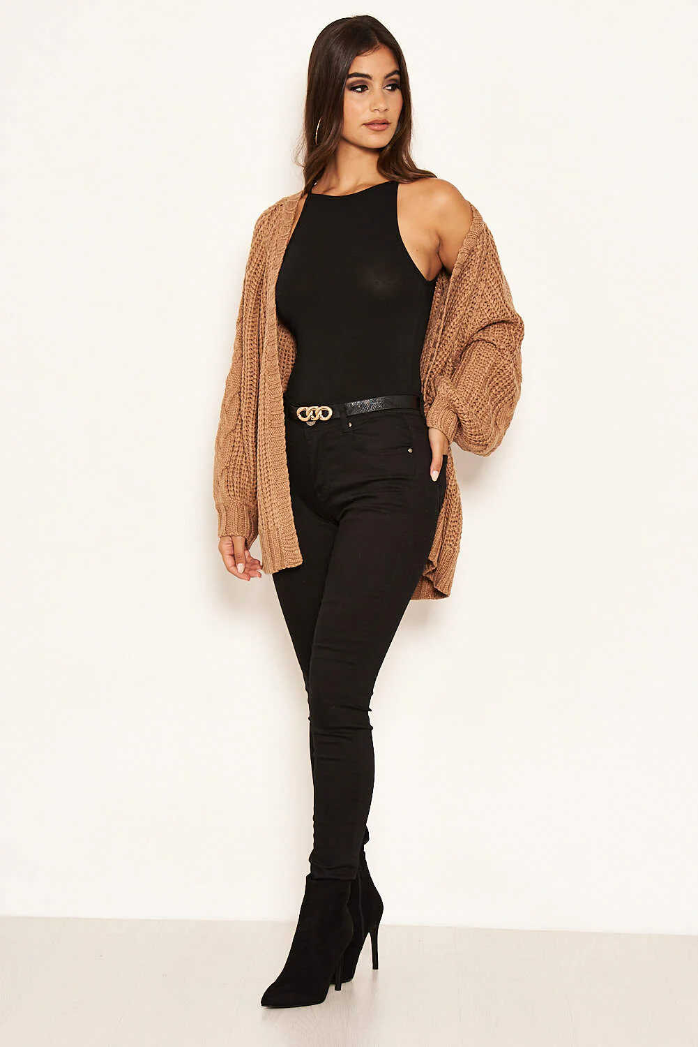 Camel Cable Knit Chunky Cardigan - Image 2