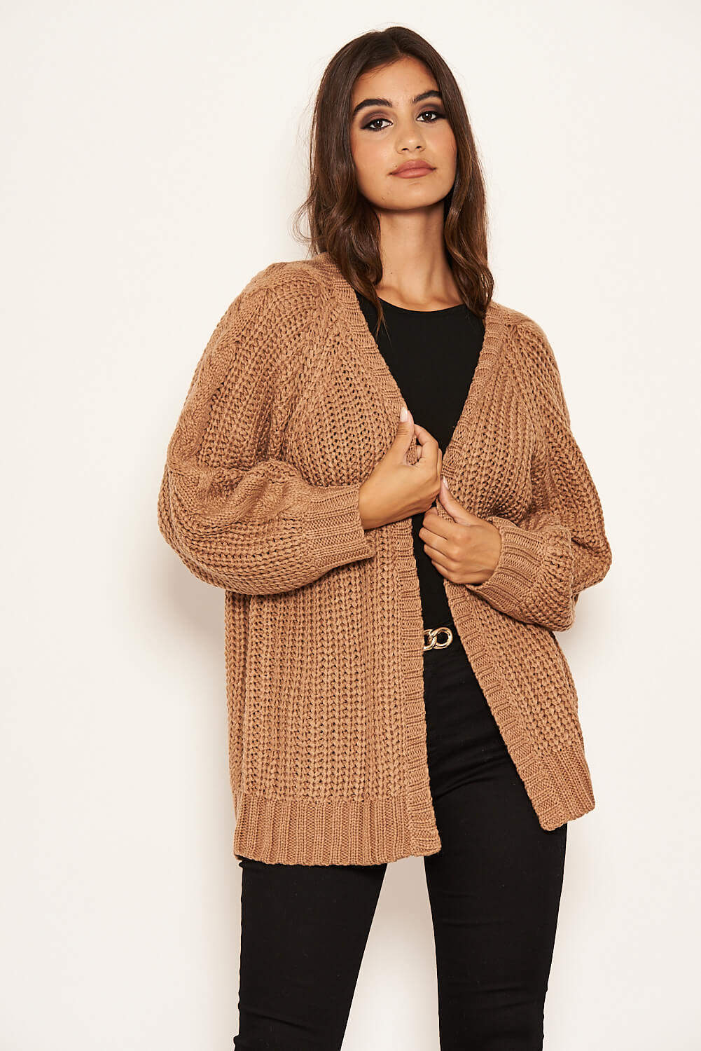 Camel Cable Knit Chunky Cardigan - Image 5