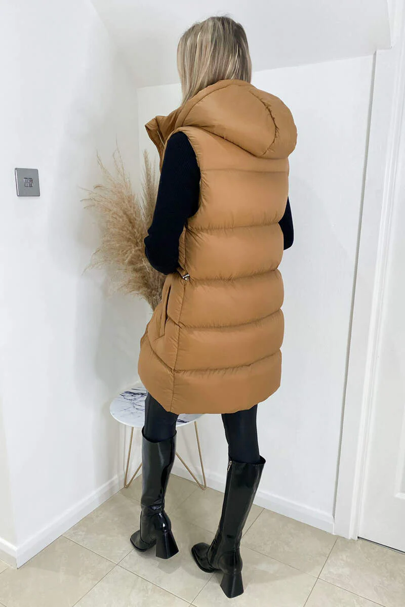 Camel Drawstring Hooded Gilet - Image 4