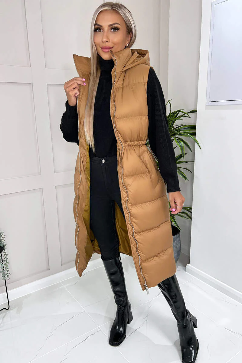 Camel Drawstring Waist Puffer Gilet - Image 2