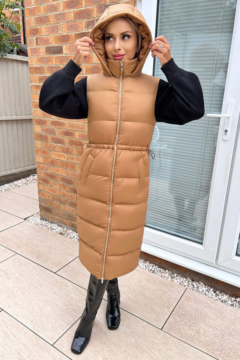 Camel Drawstring Waist Puffer Gilet - Image 3