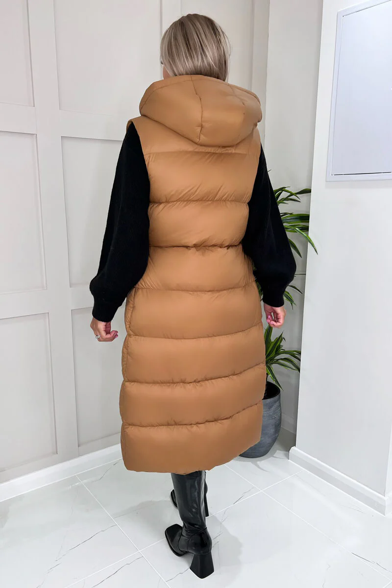 Camel Drawstring Waist Puffer Gilet - Image 4