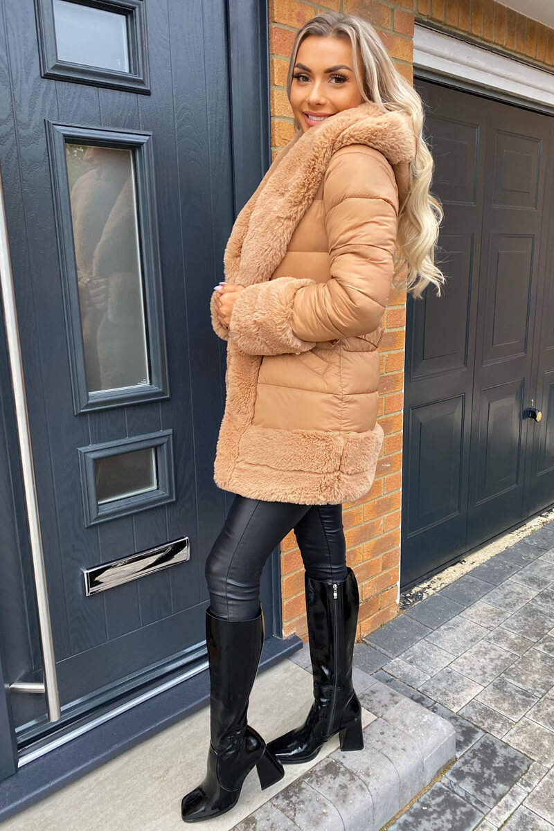 Camel Faux Fur Trim Belted Jacket - Image 2