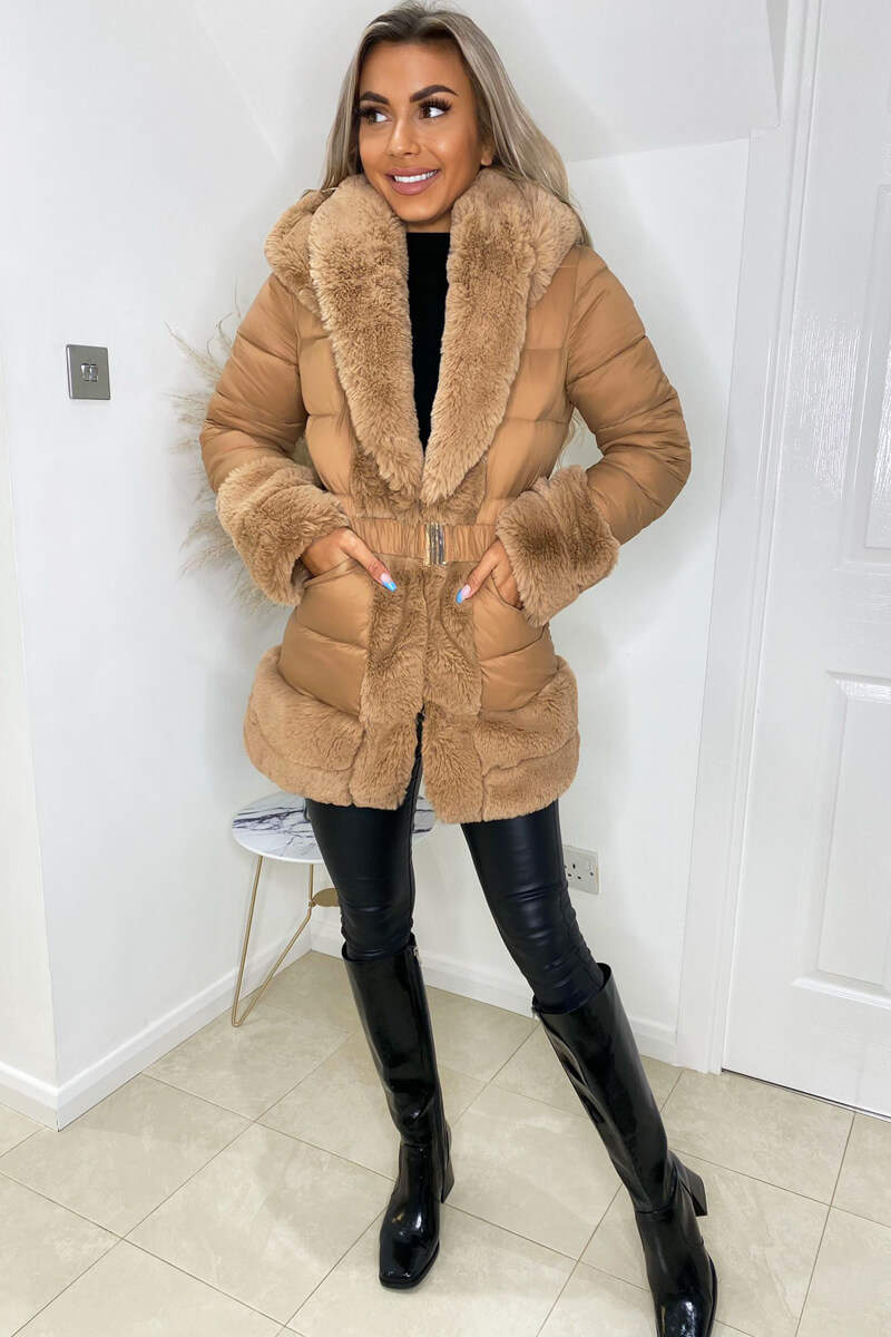 Camel Faux Fur Trim Belted Jacket - Image 3