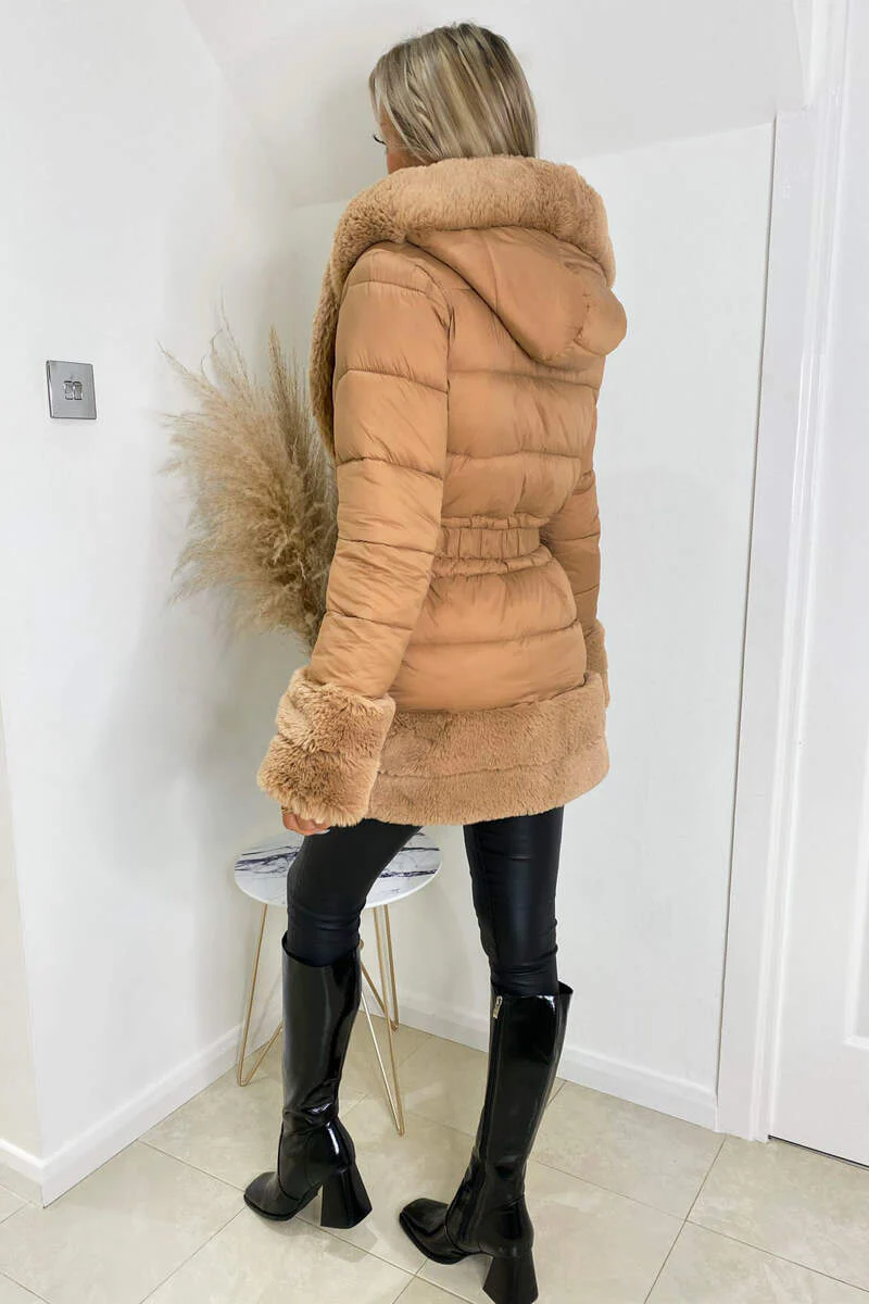 Camel Faux Fur Trim Belted Jacket - Image 4