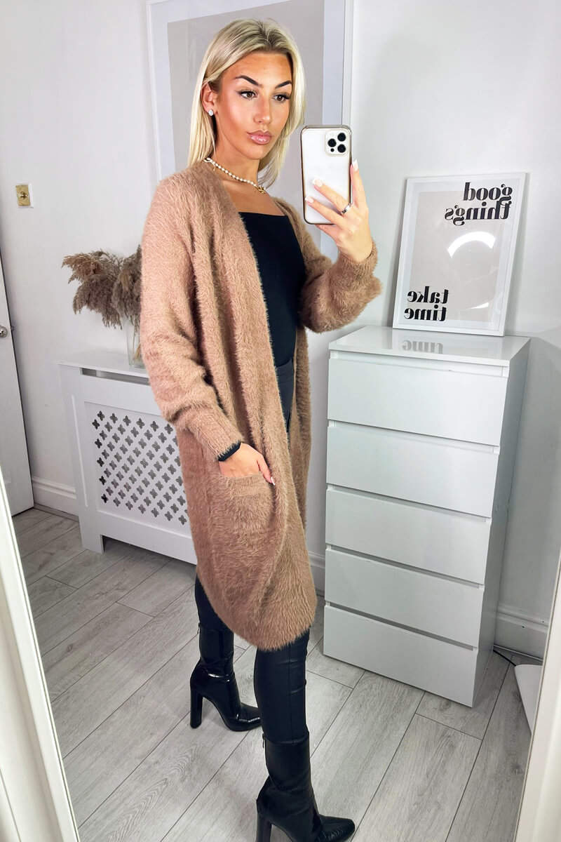 Camel Fluffy Long Cardigan - Image 3