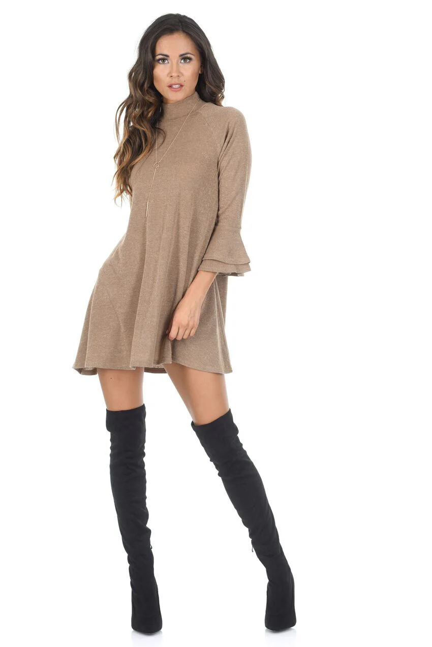 Camel High Neck Bell Sleeves A-line Dress - Image 2