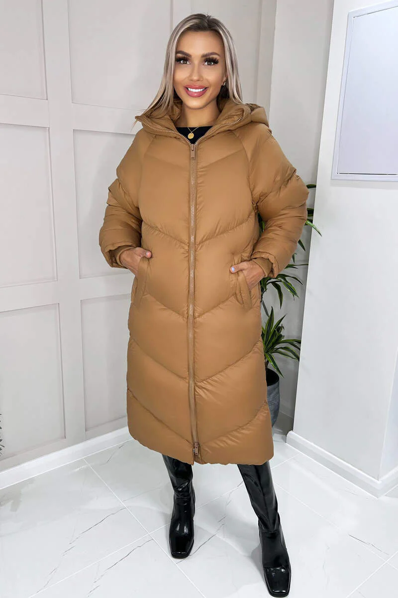Camel Hooded Long Puffer Coat - Image 2