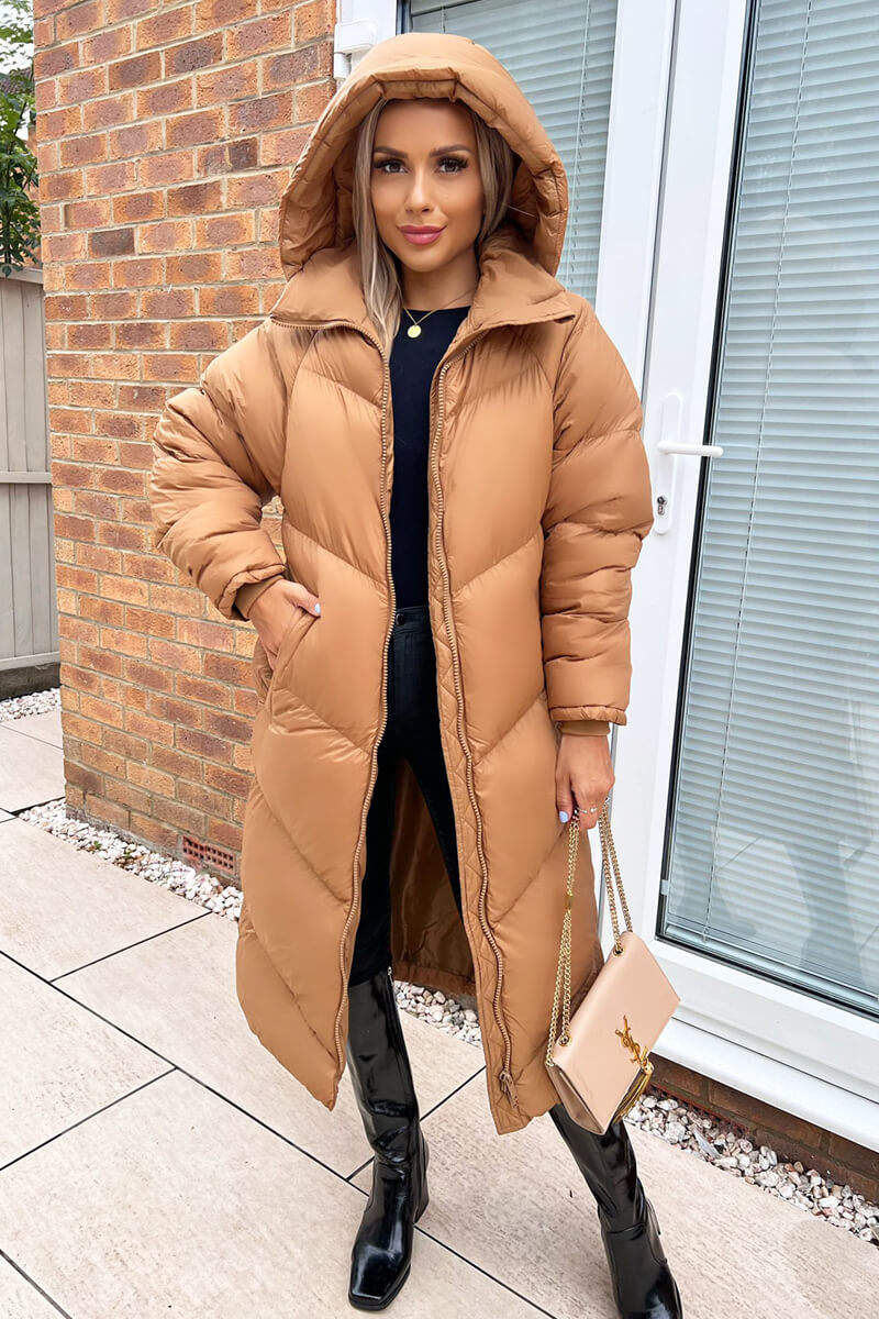 Camel Hooded Long Puffer Coat - Image 3