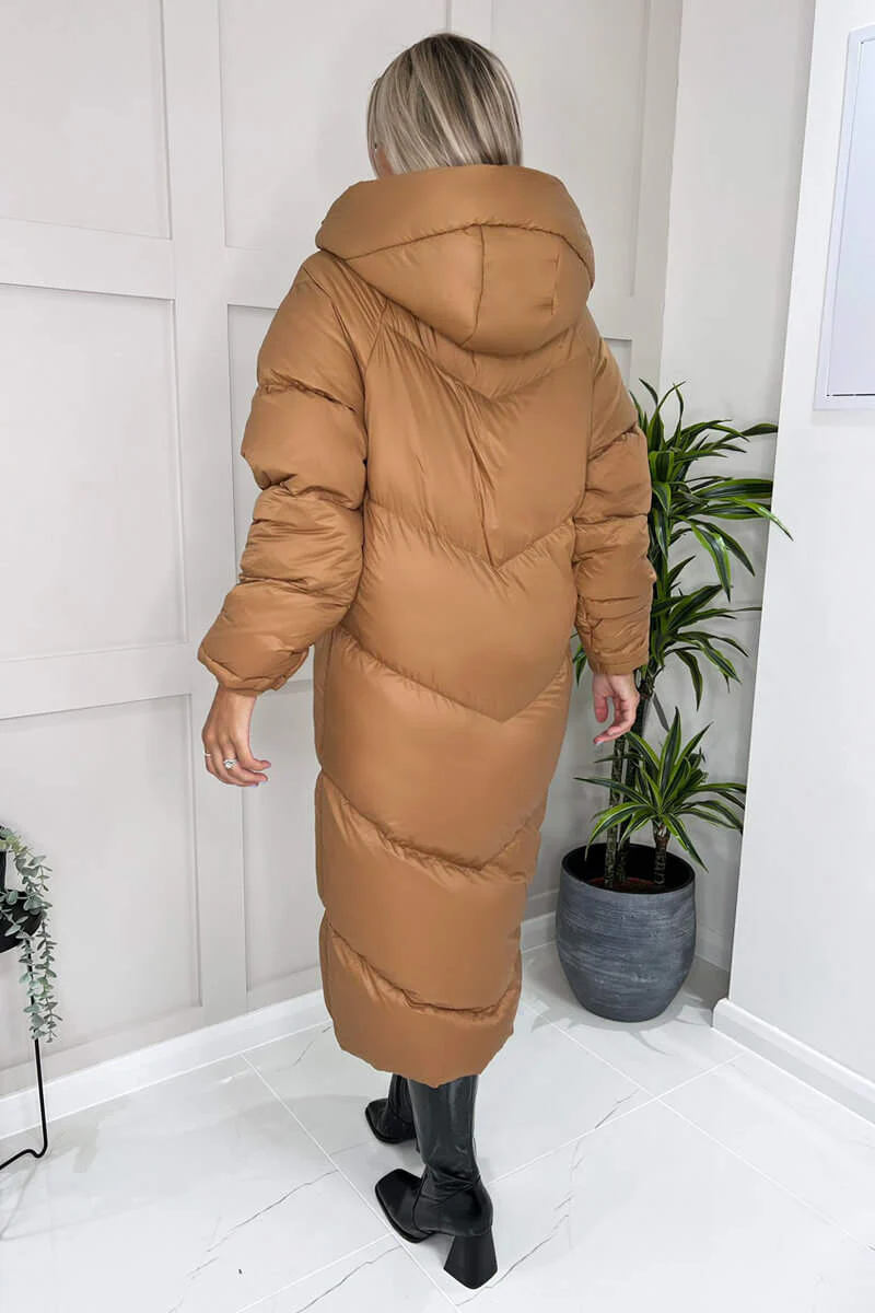 Camel Hooded Long Puffer Coat - Image 4