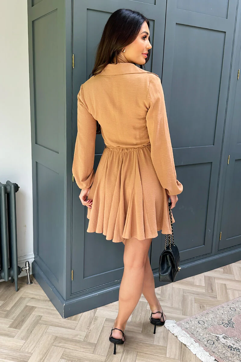 Camel Long Sleeve Button Front Skater Shirt Dress - Image 5